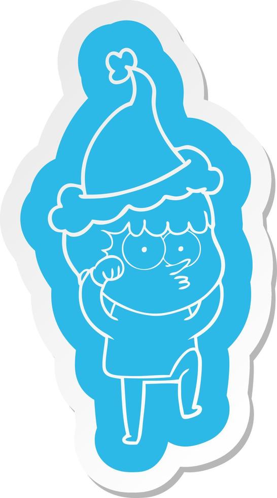 cartoon  sticker of a curious boy rubbing eyes in disbelief wearing santa hat vector