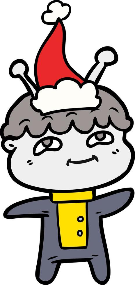 friendly line drawing of a spaceman wearing santa hat vector