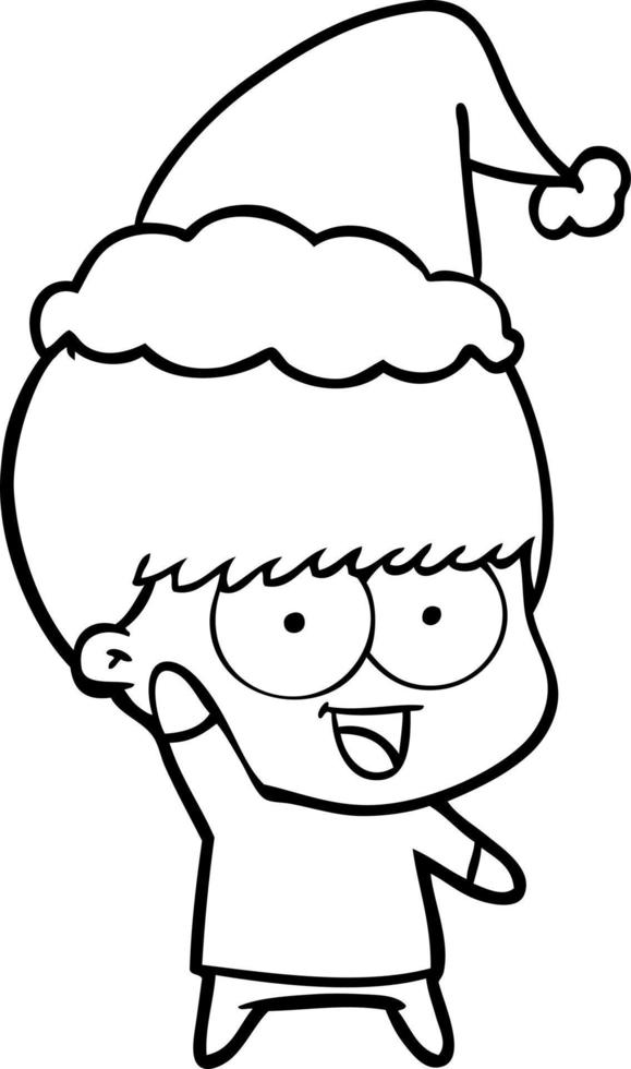 happy line drawing of a boy waving wearing santa hat vector