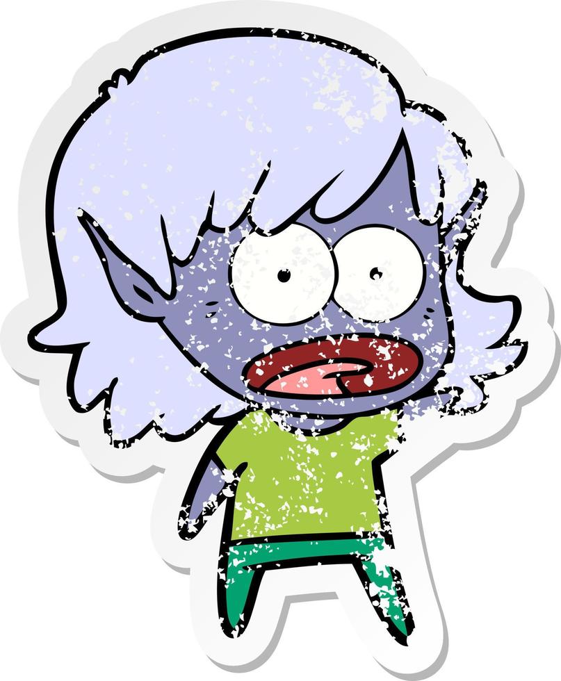 distressed sticker of a cartoon shocked elf girl vector