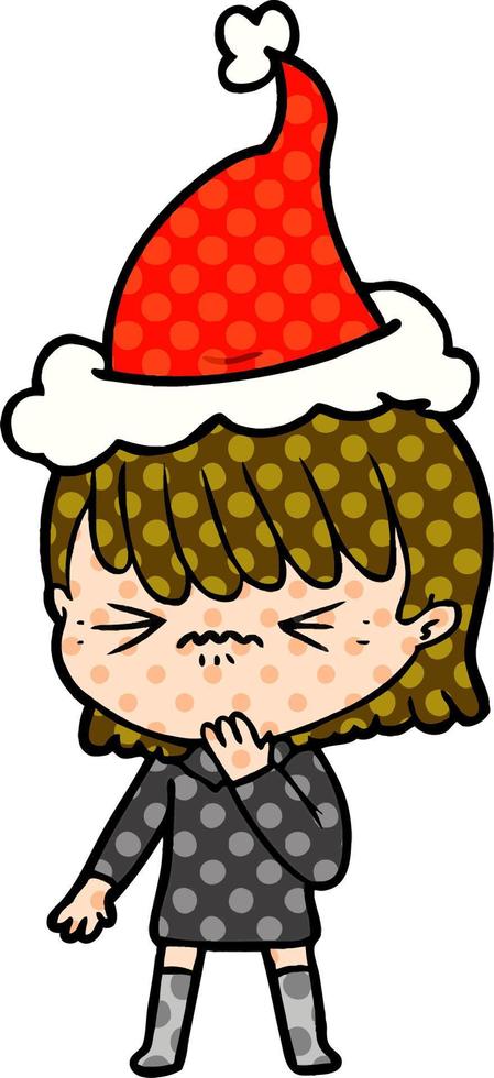 comic book style illustration of a girl regretting a mistake wearing santa hat vector