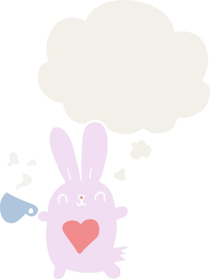 lindo conejo de dibujos animados con corazón de amor y taza de café y burbuja de pensamiento en estilo retro vector