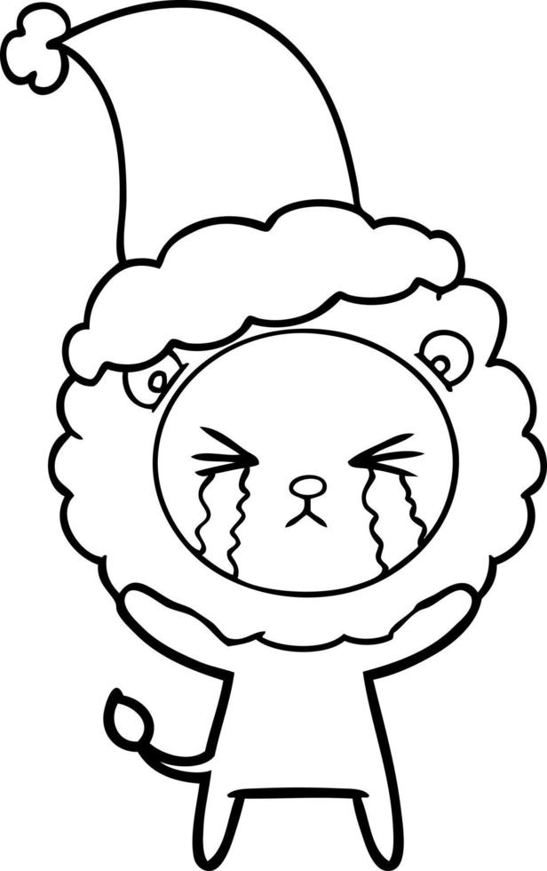 line drawing of a crying lion wearing santa hat vector