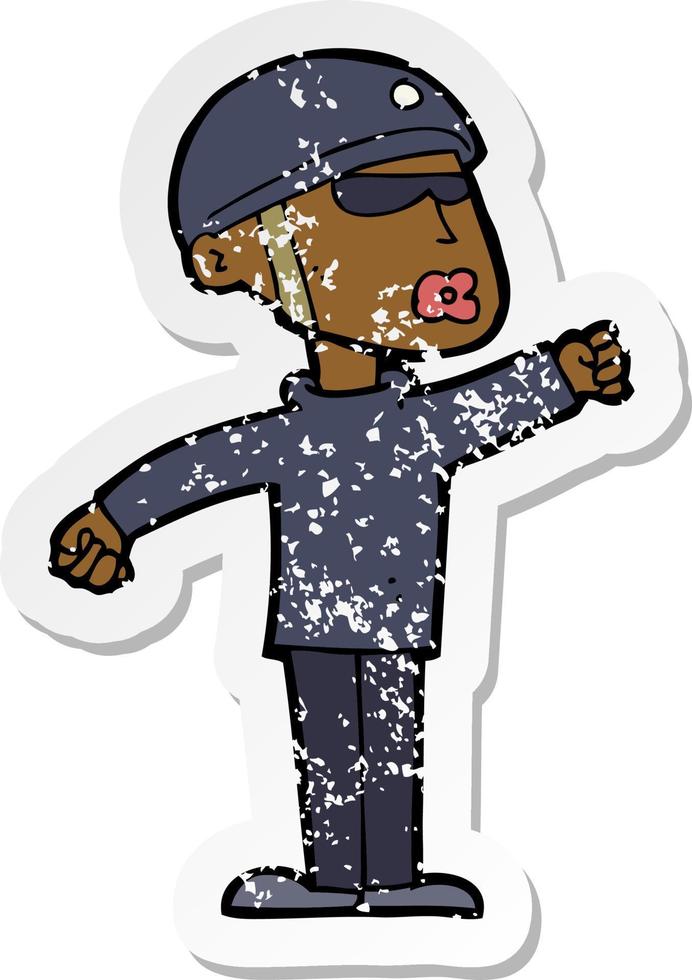 retro distressed sticker of a cartoon security guy vector