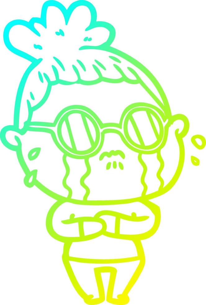 cold gradient line drawing cartoon crying woman wearing spectacles vector