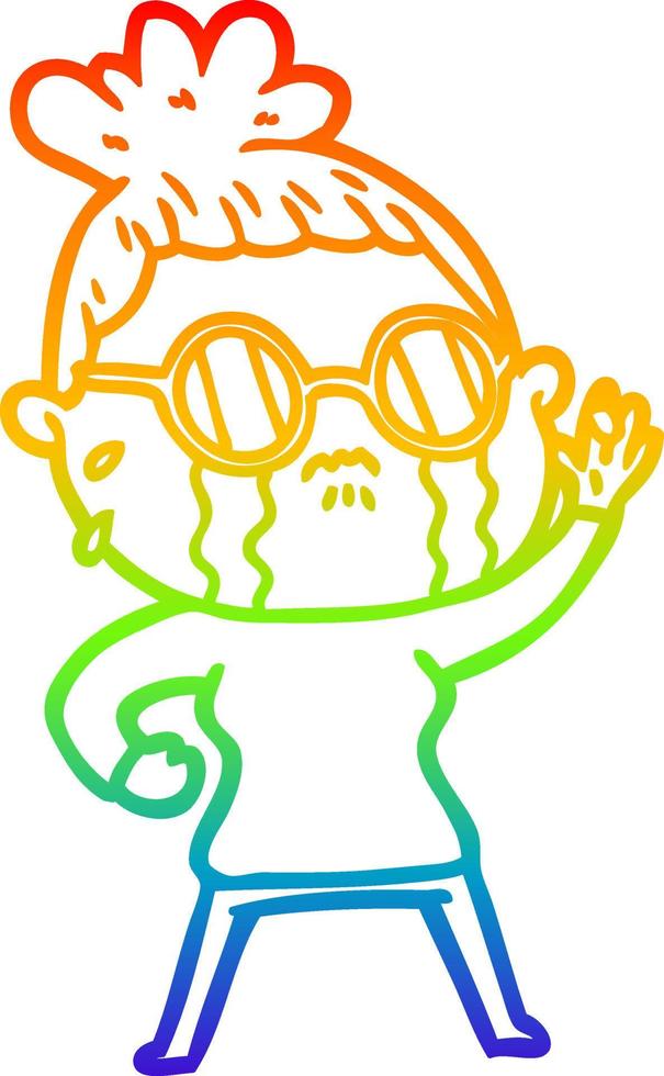 rainbow gradient line drawing cartoon crying woman wearing spectacles vector