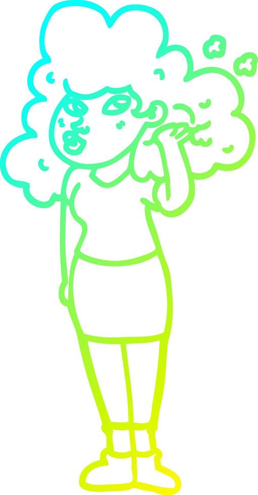 cold gradient line drawing cartoon girl playing with hair vector