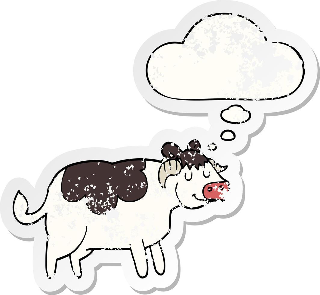 cartoon cow and thought bubble as a distressed worn sticker vector