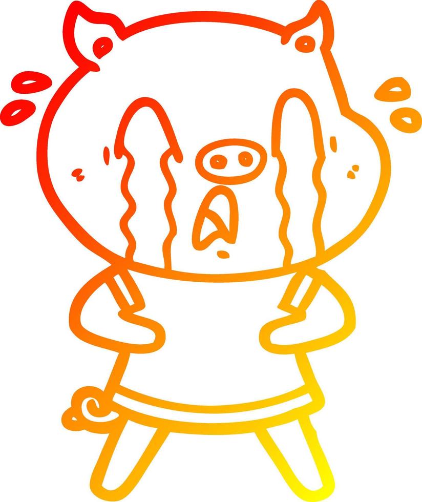 warm gradient line drawing crying pig cartoon wearing human clothes vector