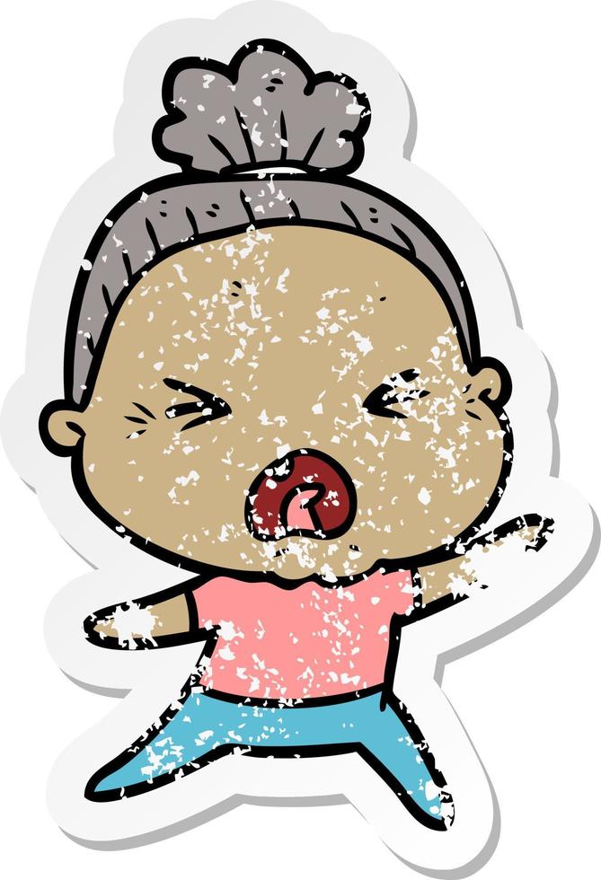 distressed sticker of a cartoon angry old woman vector