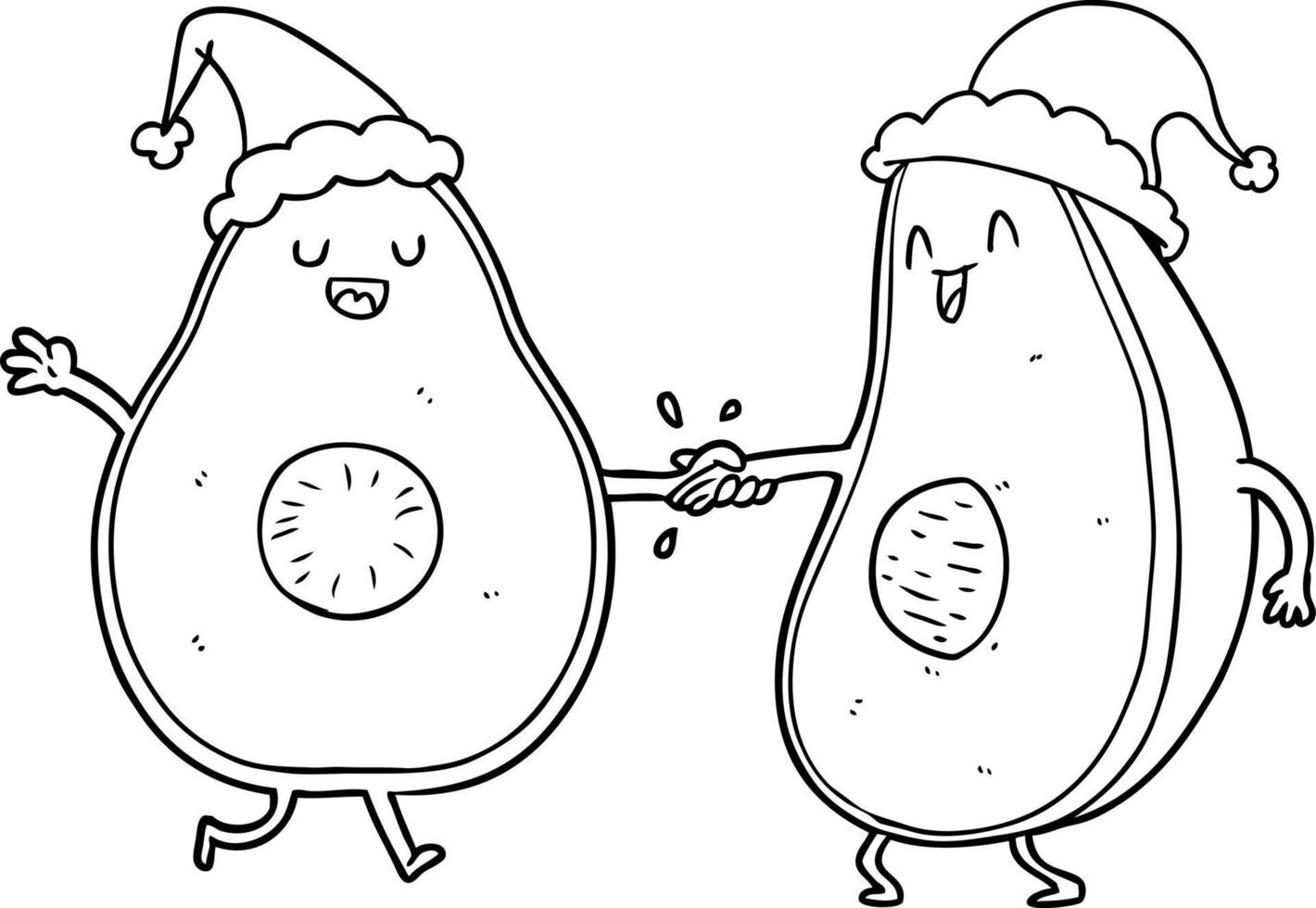 line drawing of a dancing avocados wearing santa hat vector