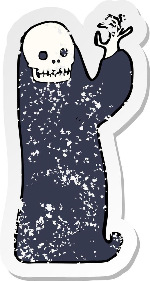 retro distressed sticker of a cartoon waving halloween ghoul vector