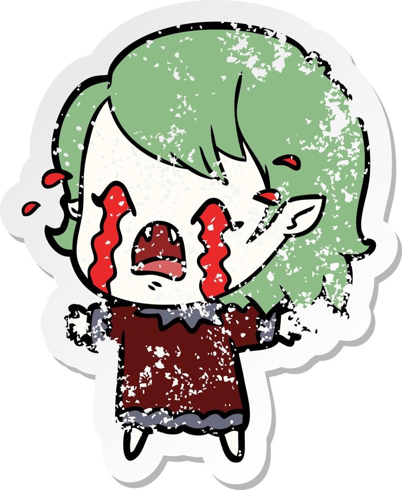 distressed sticker of a cartoon crying vampire girl vector