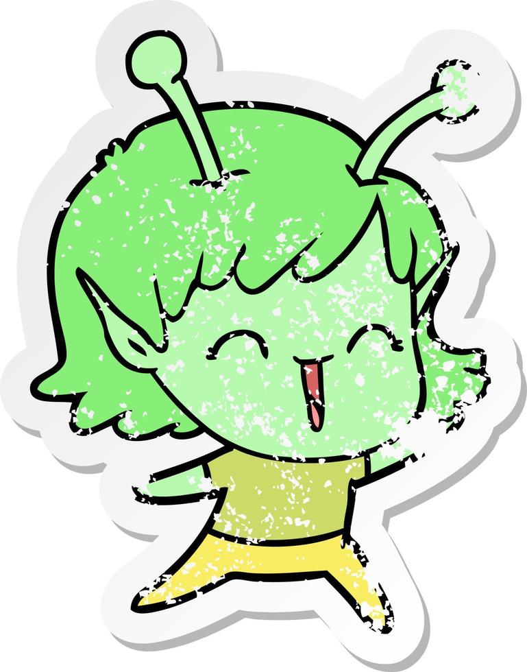 distressed sticker of a cartoon alien girl laughing vector