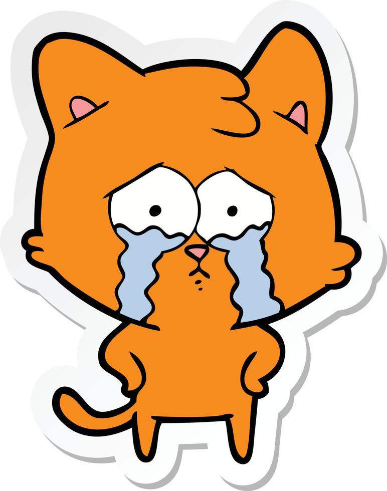 sticker of a cartoon crying cat vector