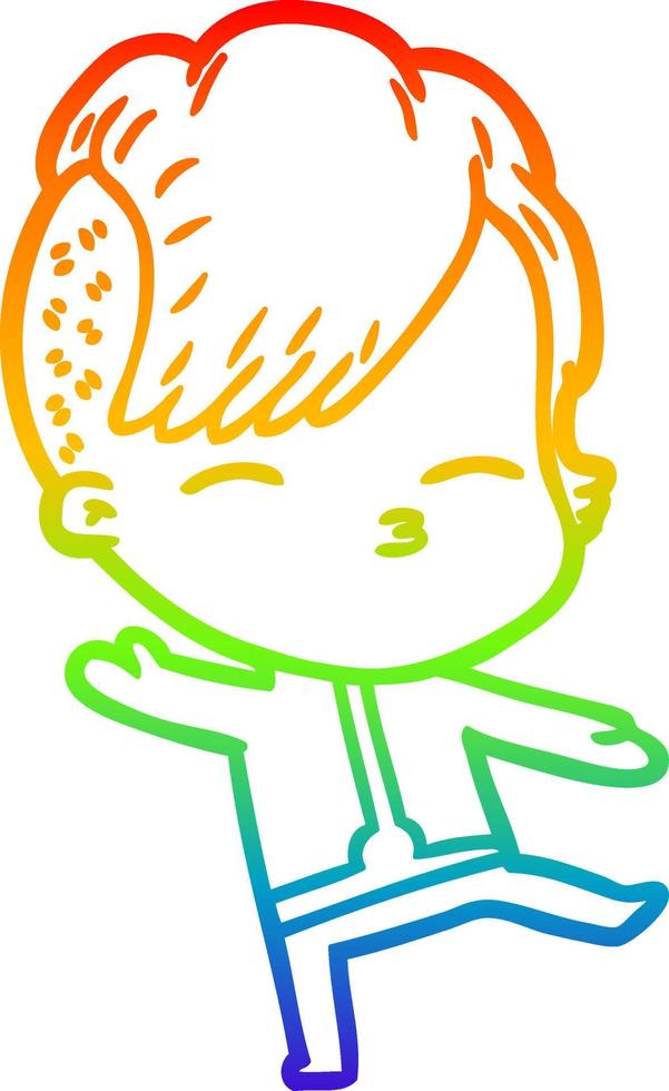rainbow gradient line drawing cartoon girl wearing futuristic clothes vector