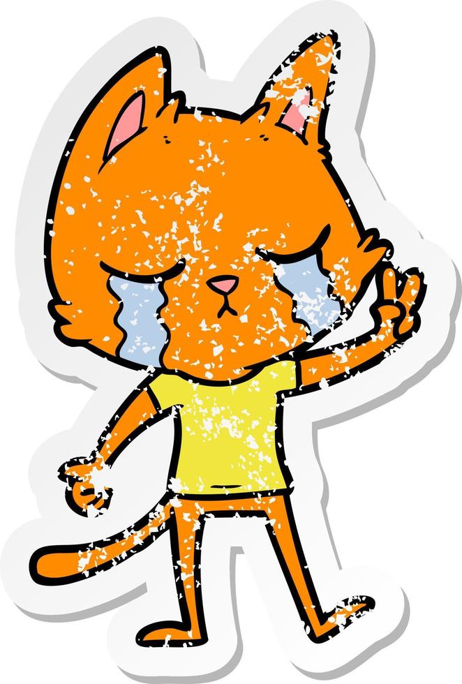 distressed sticker of a crying cartoon cat vector