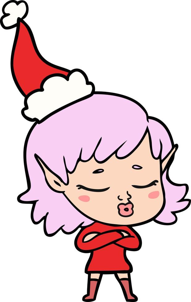 pretty line drawing of a elf girl wearing santa hat vector