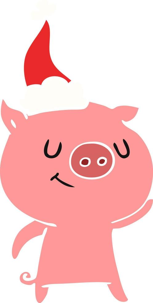 happy flat color illustration of a pig wearing santa hat vector