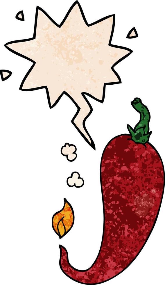cartoon chili pepper and speech bubble in retro texture style vector