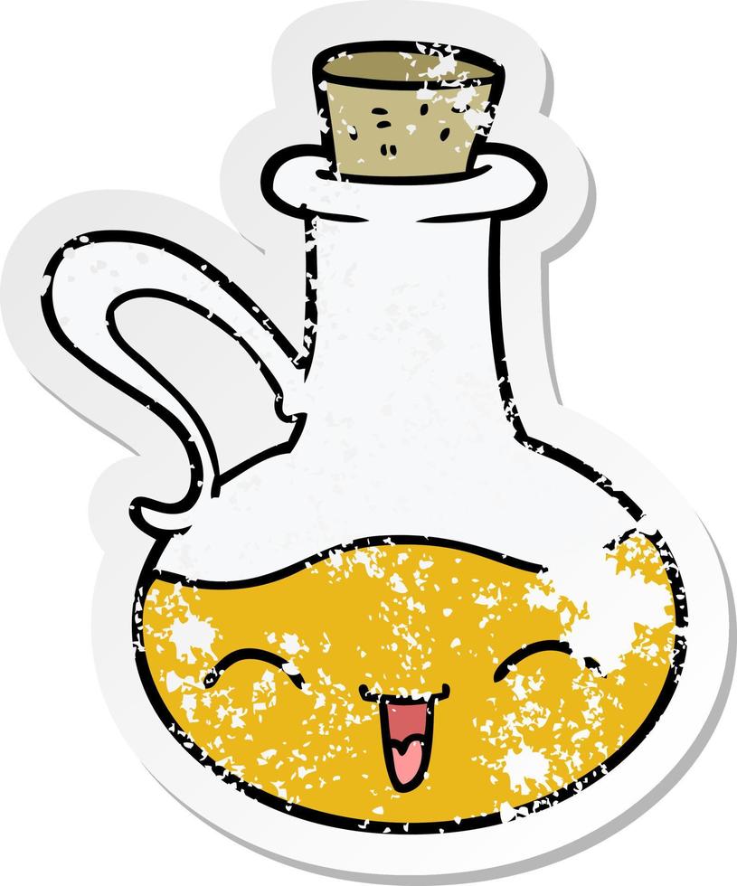 distressed sticker of a cartoon happy bottle of olive oil vector