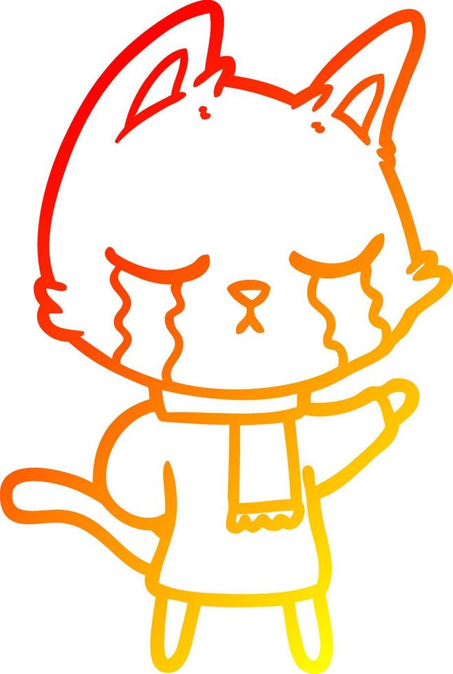 dibujo de línea de gradiente cálido gato de dibujos animados llorando con ropa de invierno vector