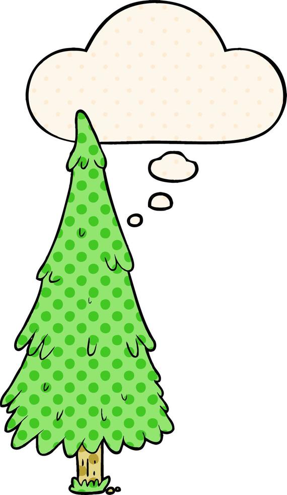 cartoon christmas tree and thought bubble in comic book style vector