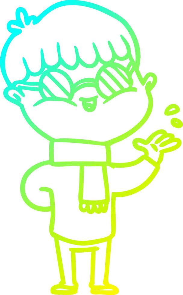 cold gradient line drawing cartoon boy wearing spectacles vector