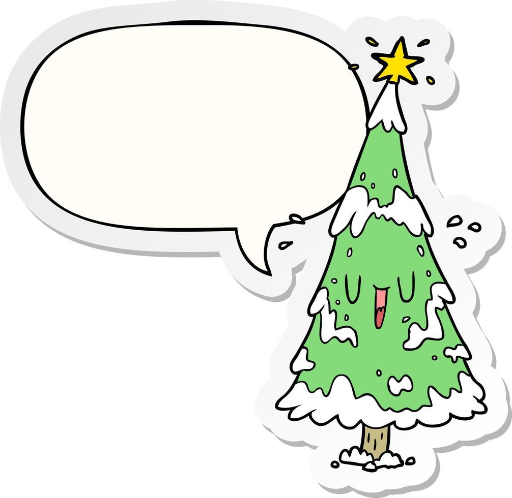 cartoon snowy christmas tree and happy face and speech bubble sticker vector