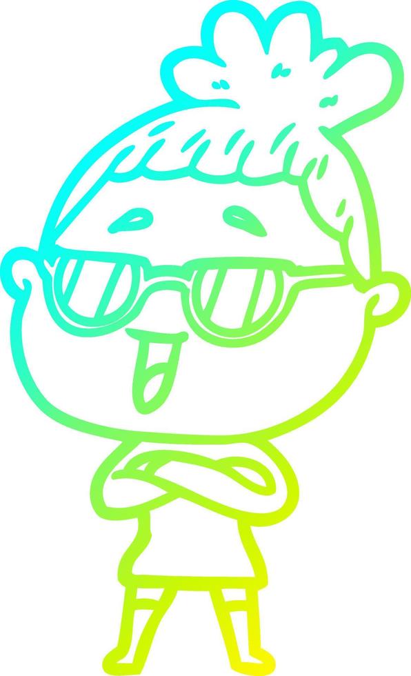 cold gradient line drawing cartoon happy woman wearing spectacles vector