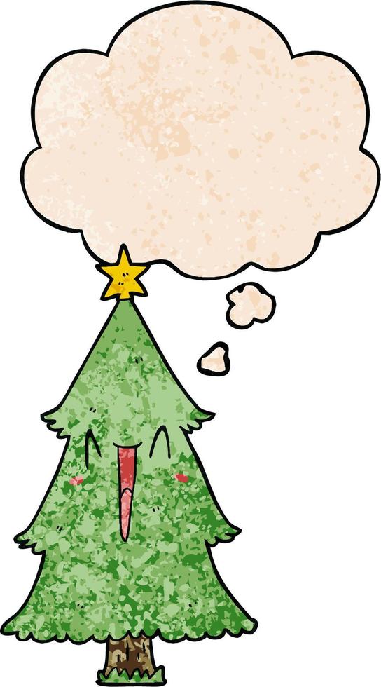 cartoon christmas tree and thought bubble in grunge texture pattern style vector