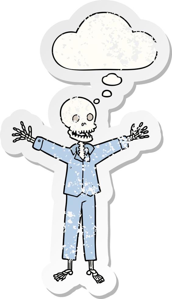 cartoon skeleton wearing pajamas and thought bubble as a distressed worn sticker vector