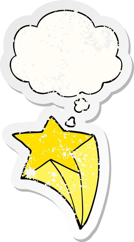 cartoon shooting star and thought bubble as a distressed worn sticker vector