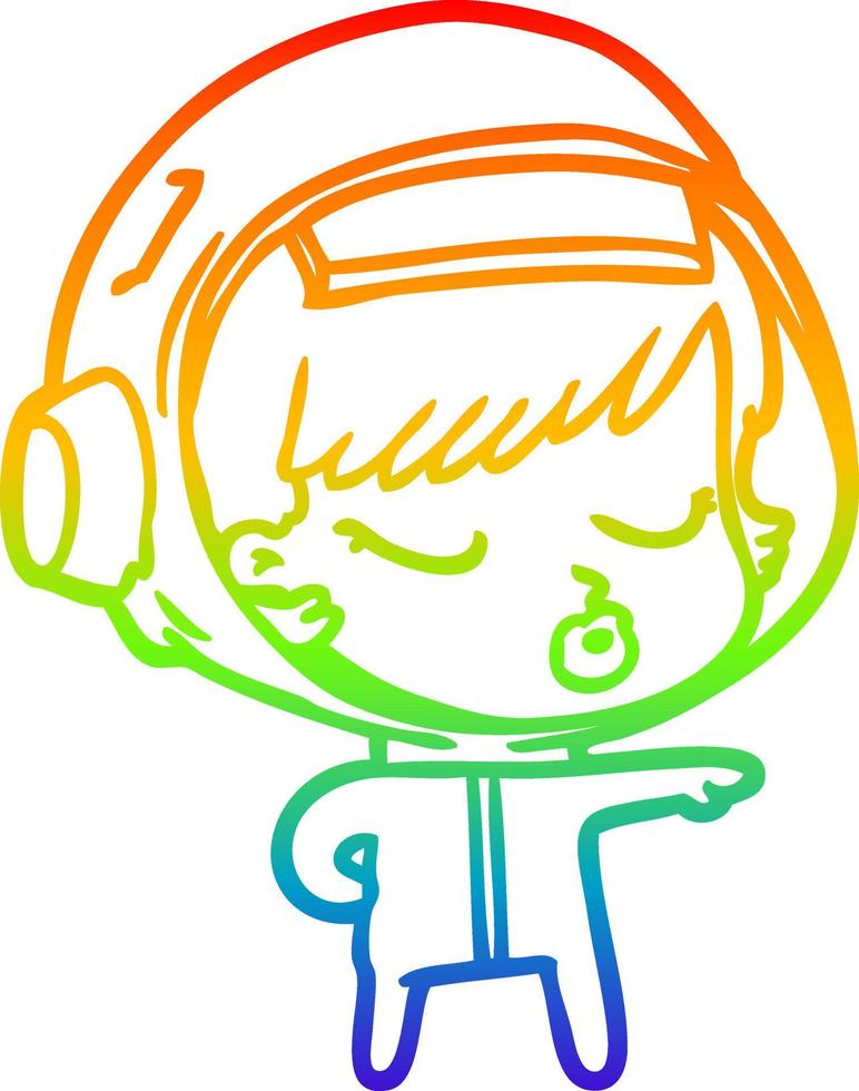 rainbow gradient line drawing cartoon pretty astronaut girl pointing the way vector