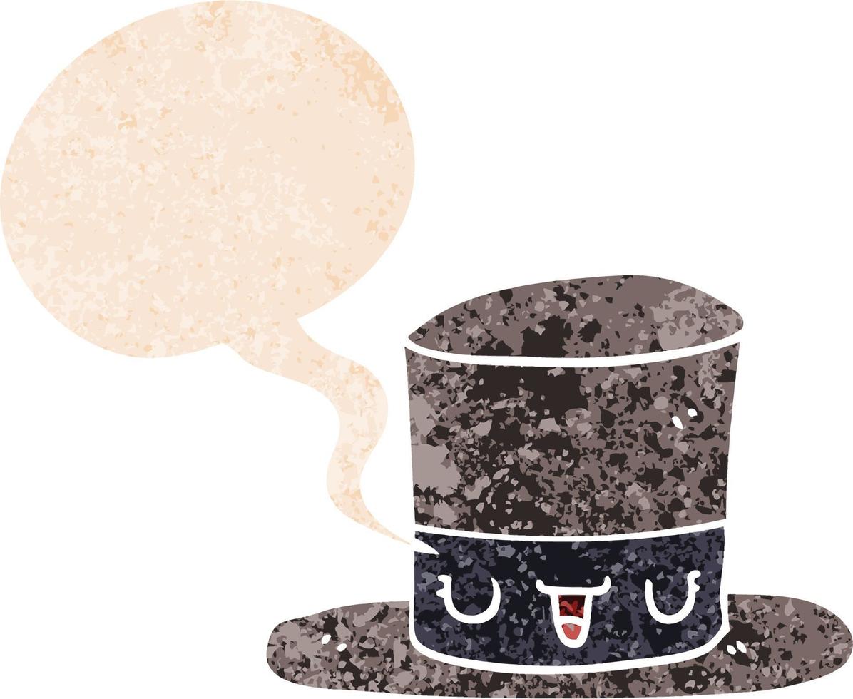 cartoon top hat and speech bubble in retro textured style vector