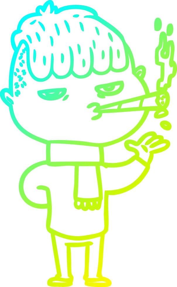 cold gradient line drawing cartoon man smoking vector