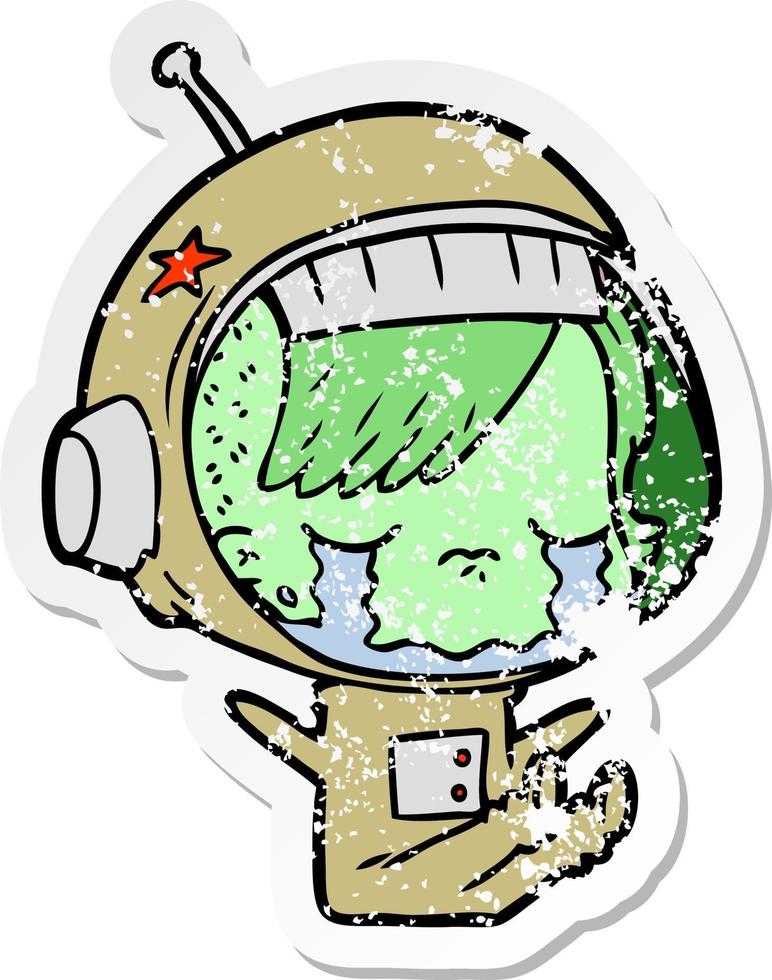 distressed sticker of a cartoon crying astronaut girl vector