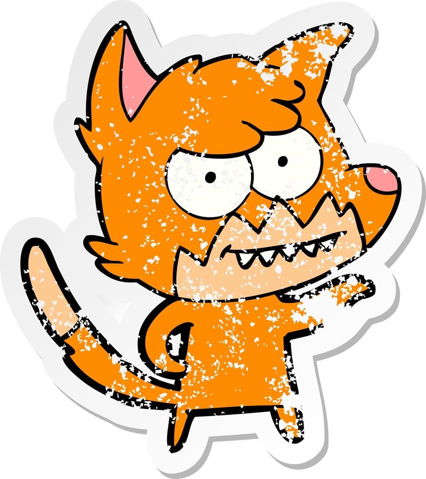 distressed sticker of a cartoon grinning fox vector