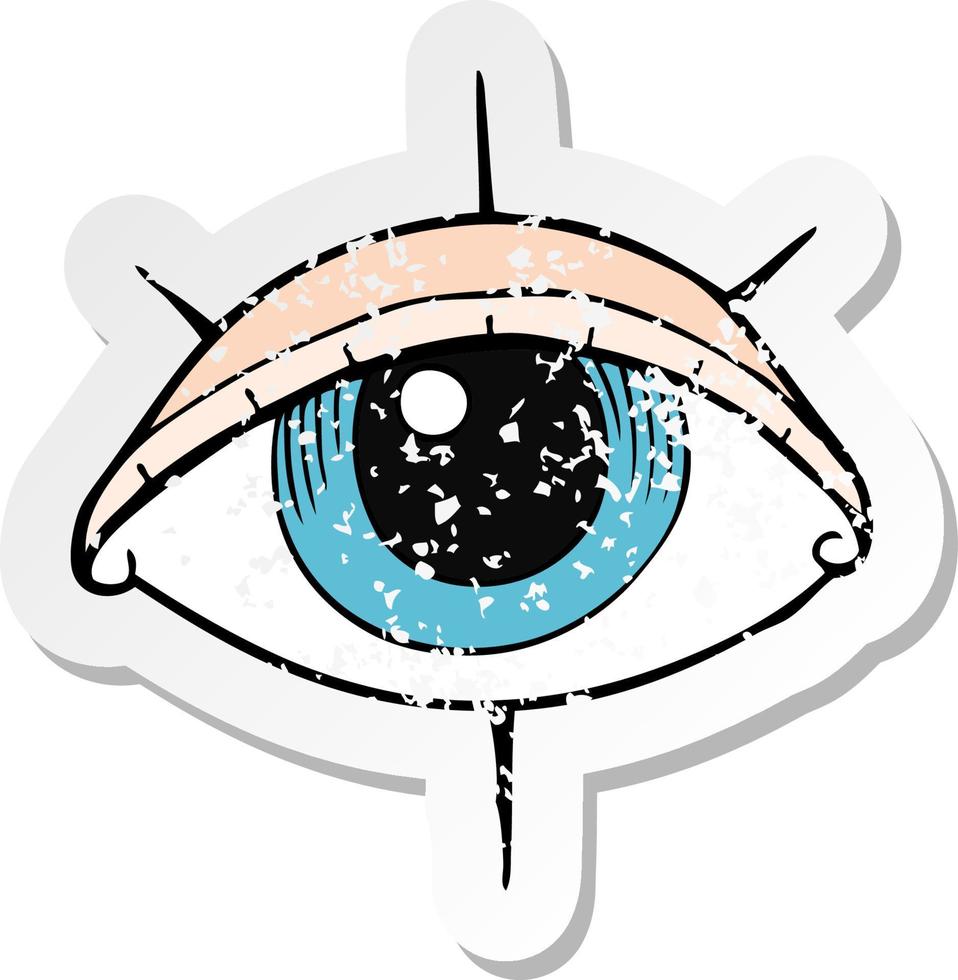 retro distressed sticker of a cartoon tattoo eye symbol vector