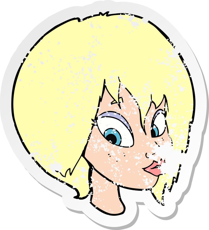 retro distressed sticker of a cartoon pretty female face pouting vector