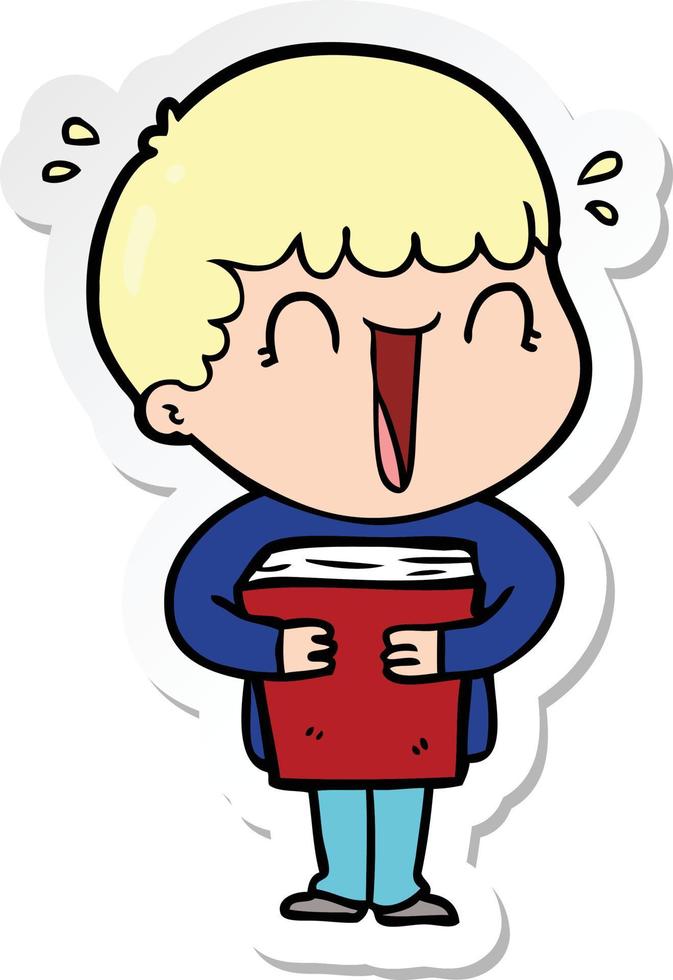 sticker of a laughing cartoon man holding book vector