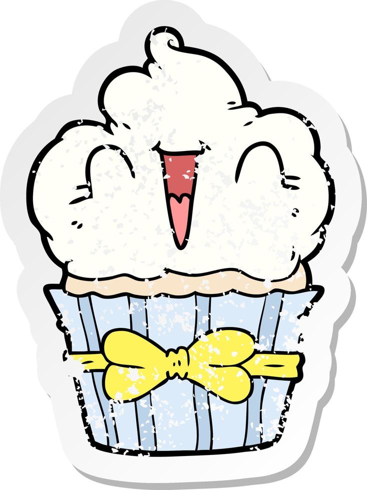 distressed sticker of a happy cartoon cupcake vector