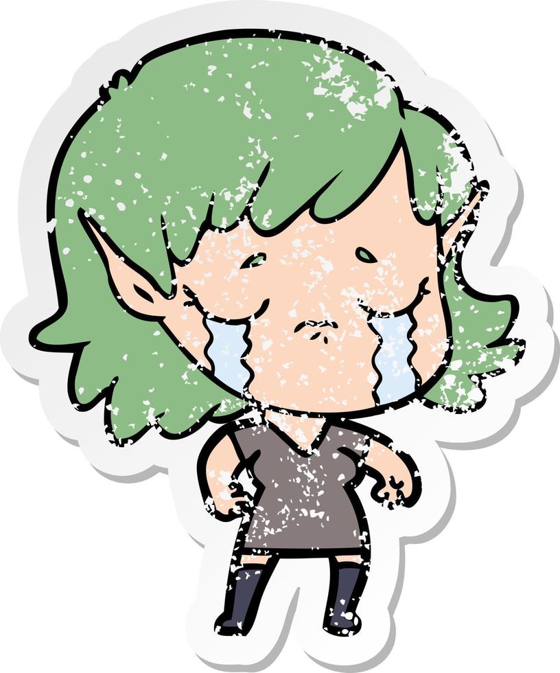 distressed sticker of a cartoon crying elf girl vector