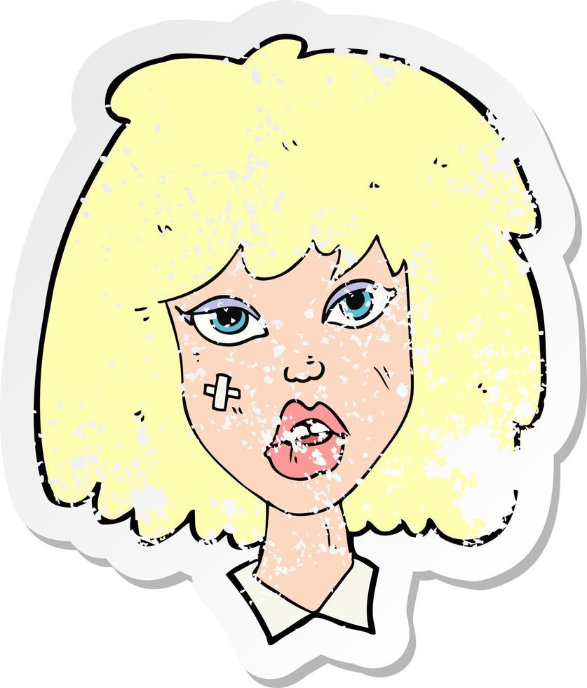 retro distressed sticker of a cartoon woman with bruised face vector