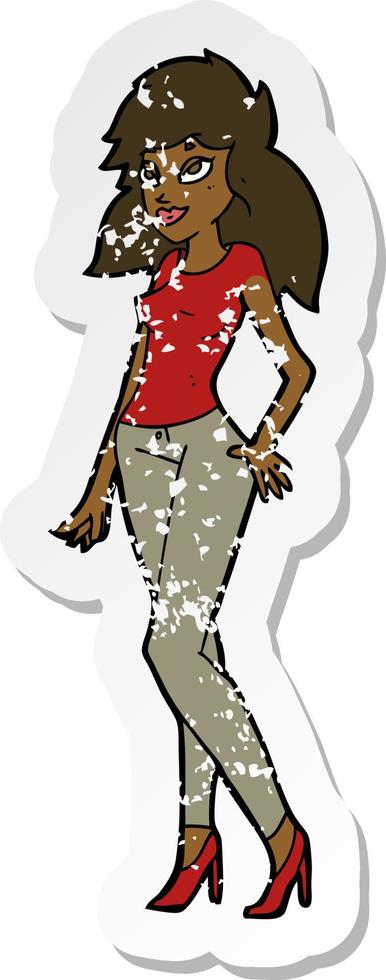 retro distressed sticker of a cartoon pretty woman vector