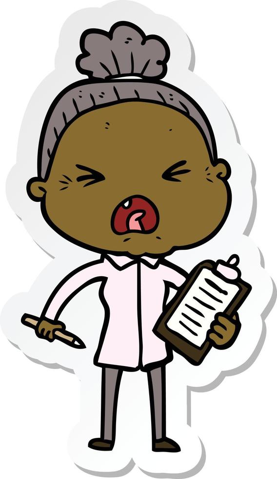 sticker of a cartoon angry old woman vector