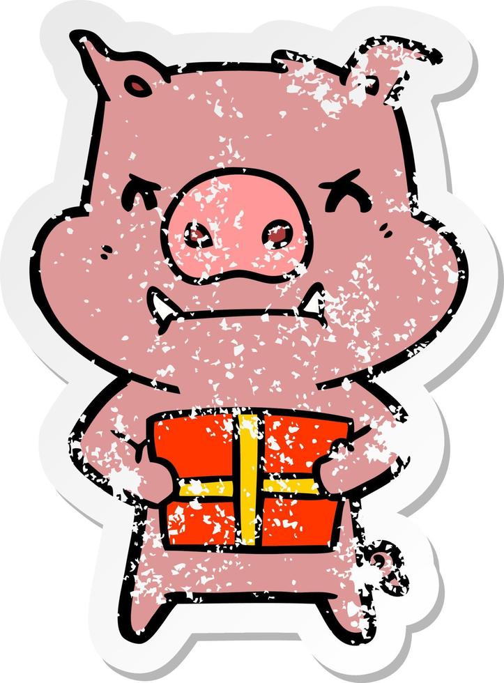 distressed sticker of a angry cartoon pig with christmas gift vector