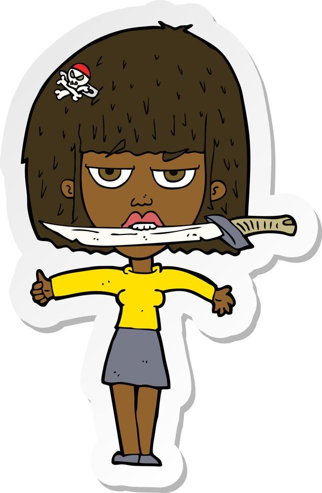 sticker of a cartoon woman with knife between teeth vector