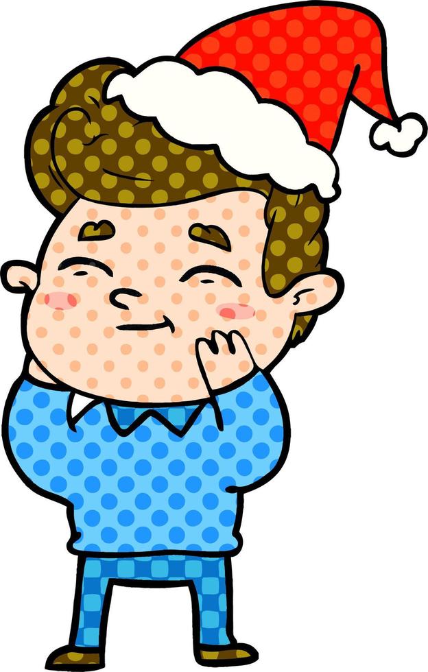 happy comic book style illustration of a man wearing santa hat vector