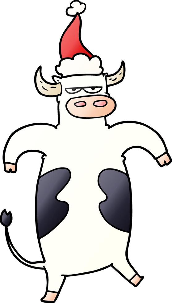 gradient cartoon of a bull wearing santa hat vector